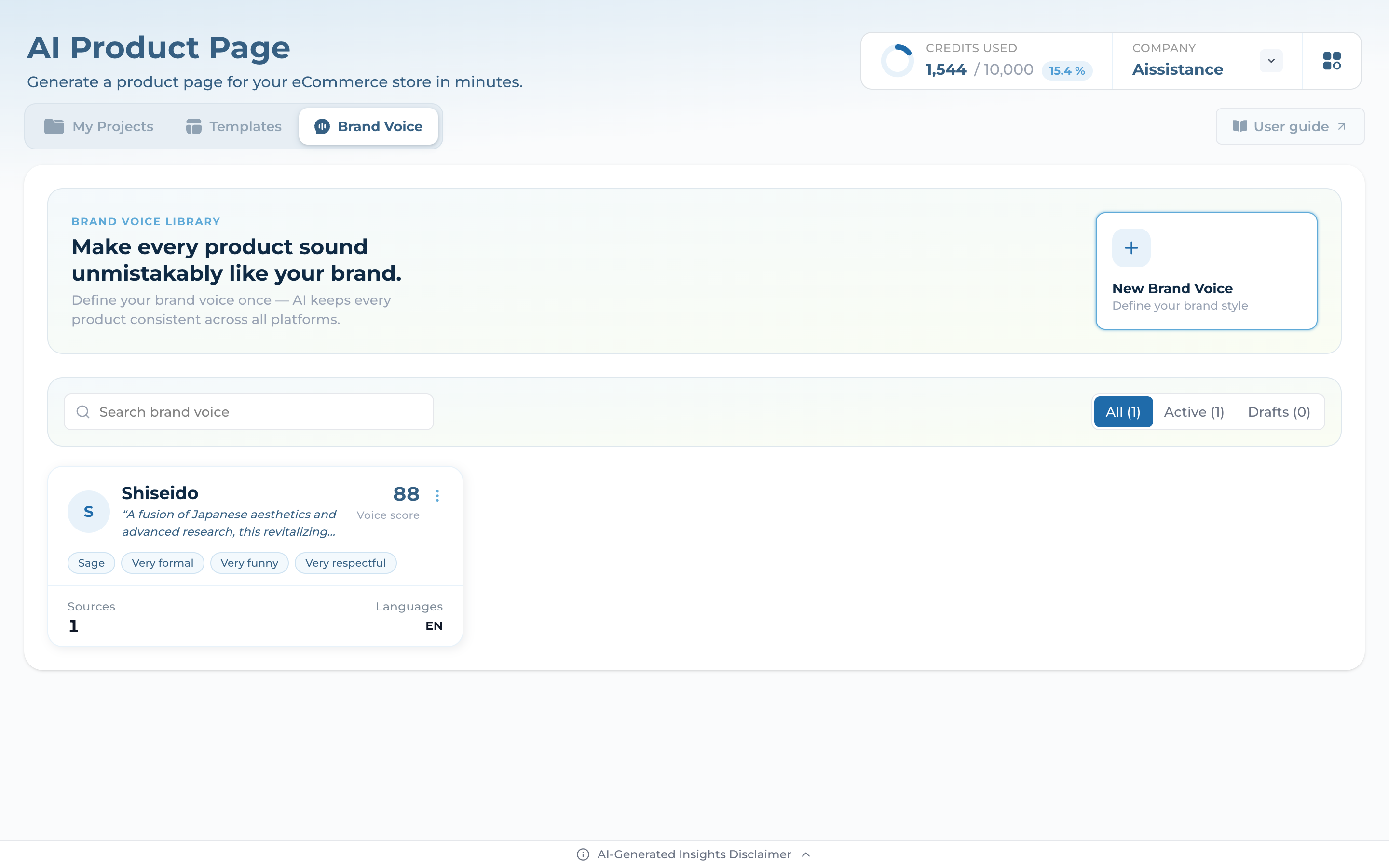 Brand Voice library with the Shiseido voice card showing voice score, archetype and tone tags