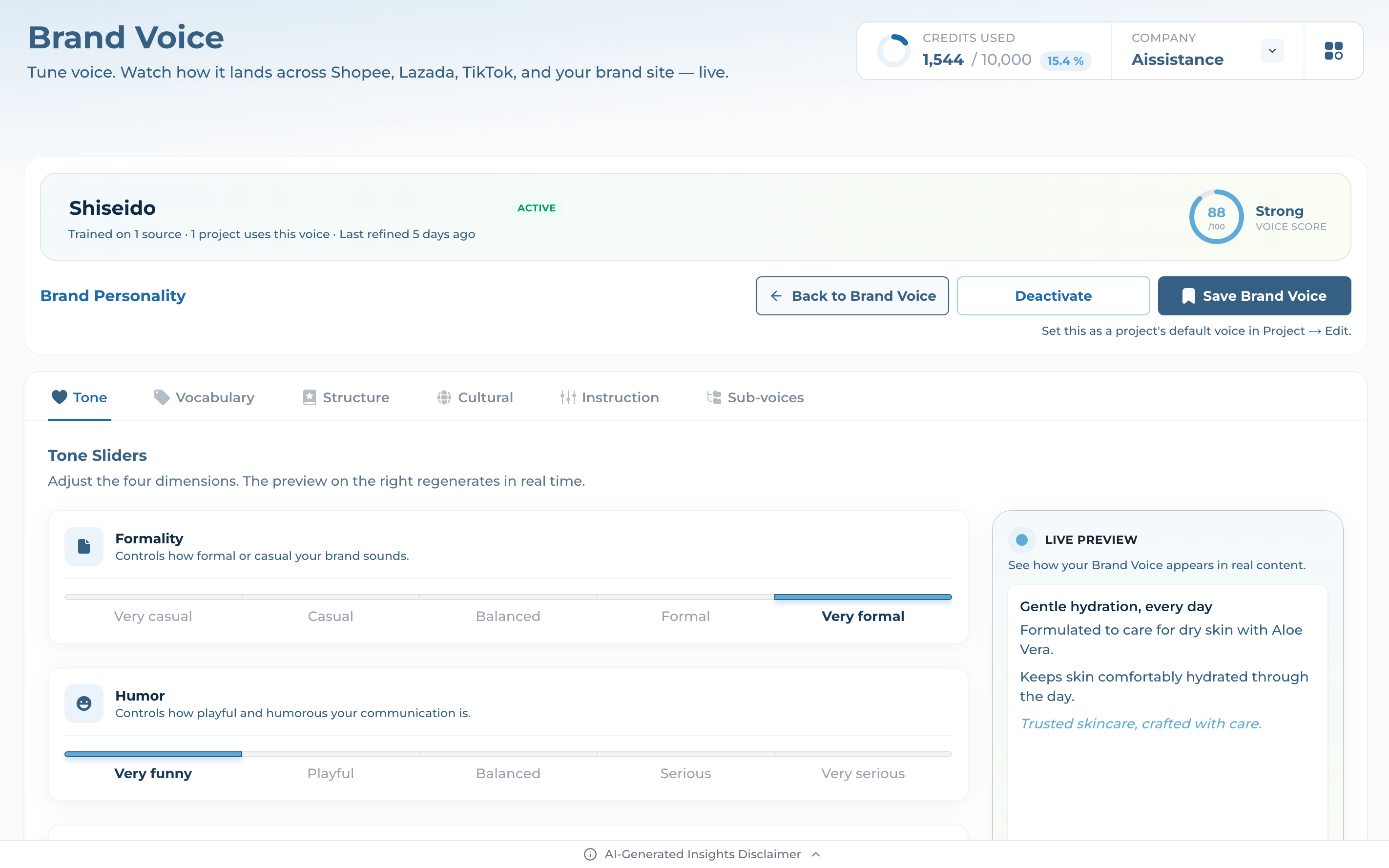Brand Voice editor: voice score card, Tone sliders, and live marketplace preview on the right