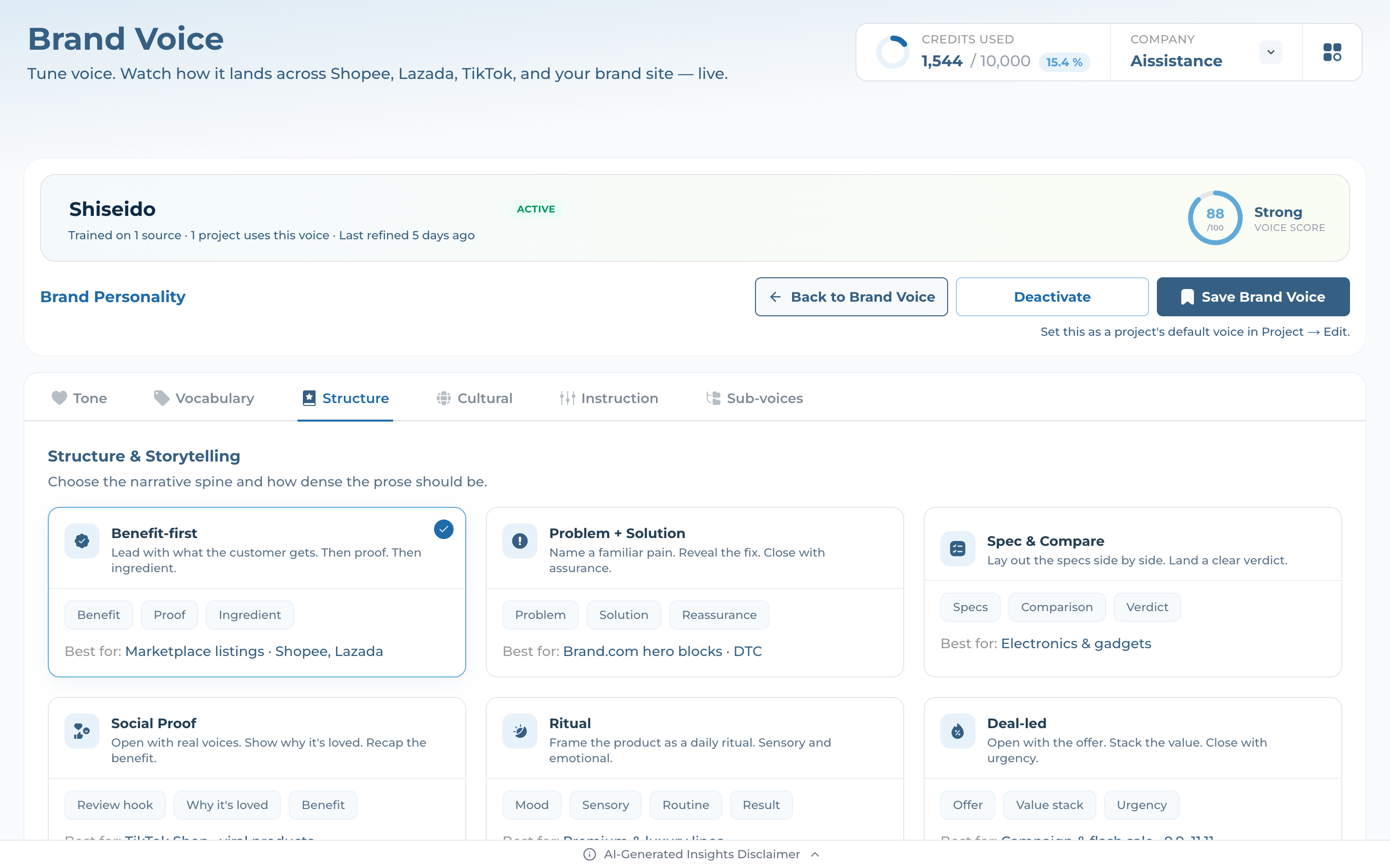 Structure tab showing six narrative templates and a draggable content-order list
