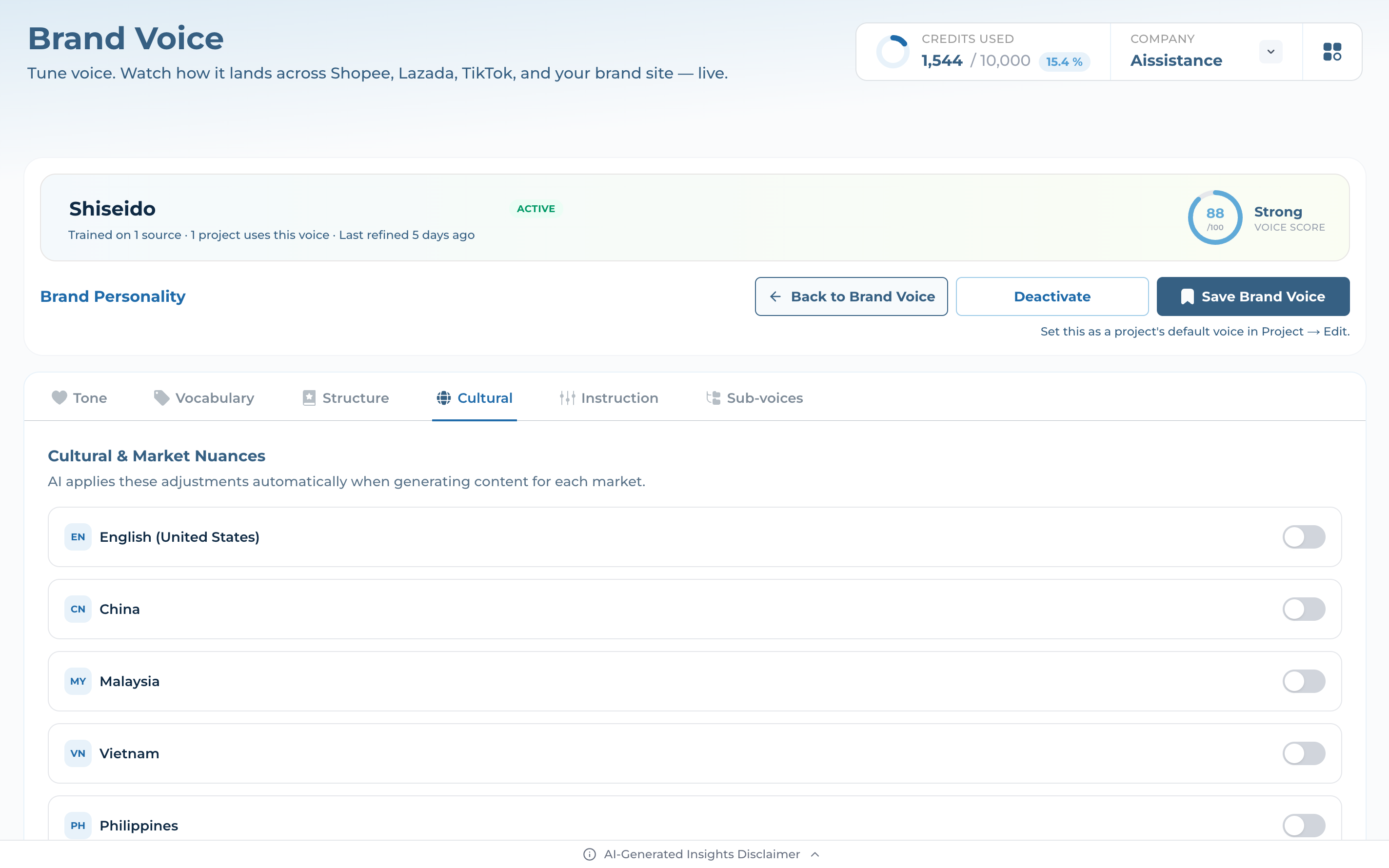 Cultural tab with per-market toggles for EN, CN, MY, VN, PH and SG