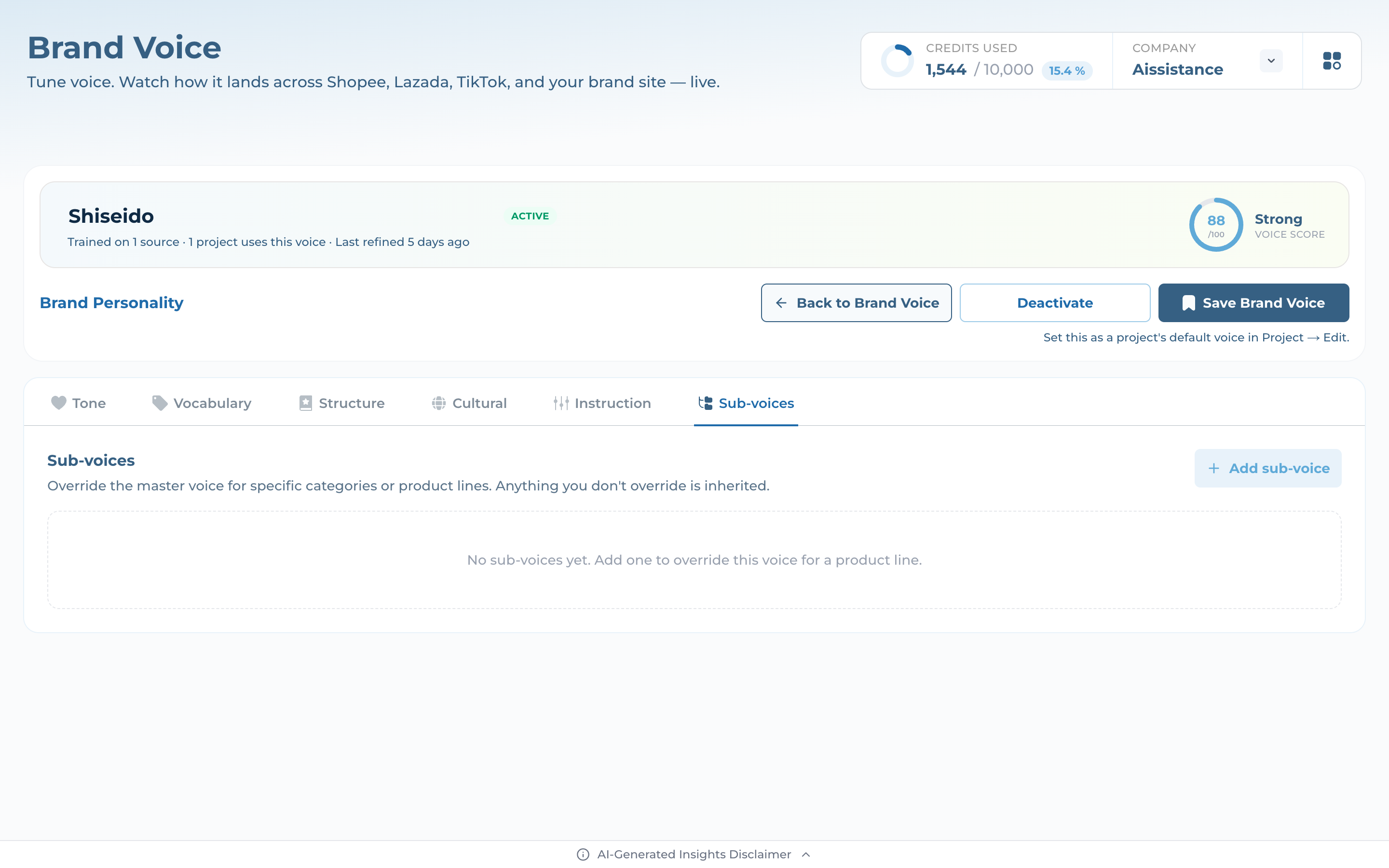 Sub-voices tab explaining per-category overrides that inherit from the master voice